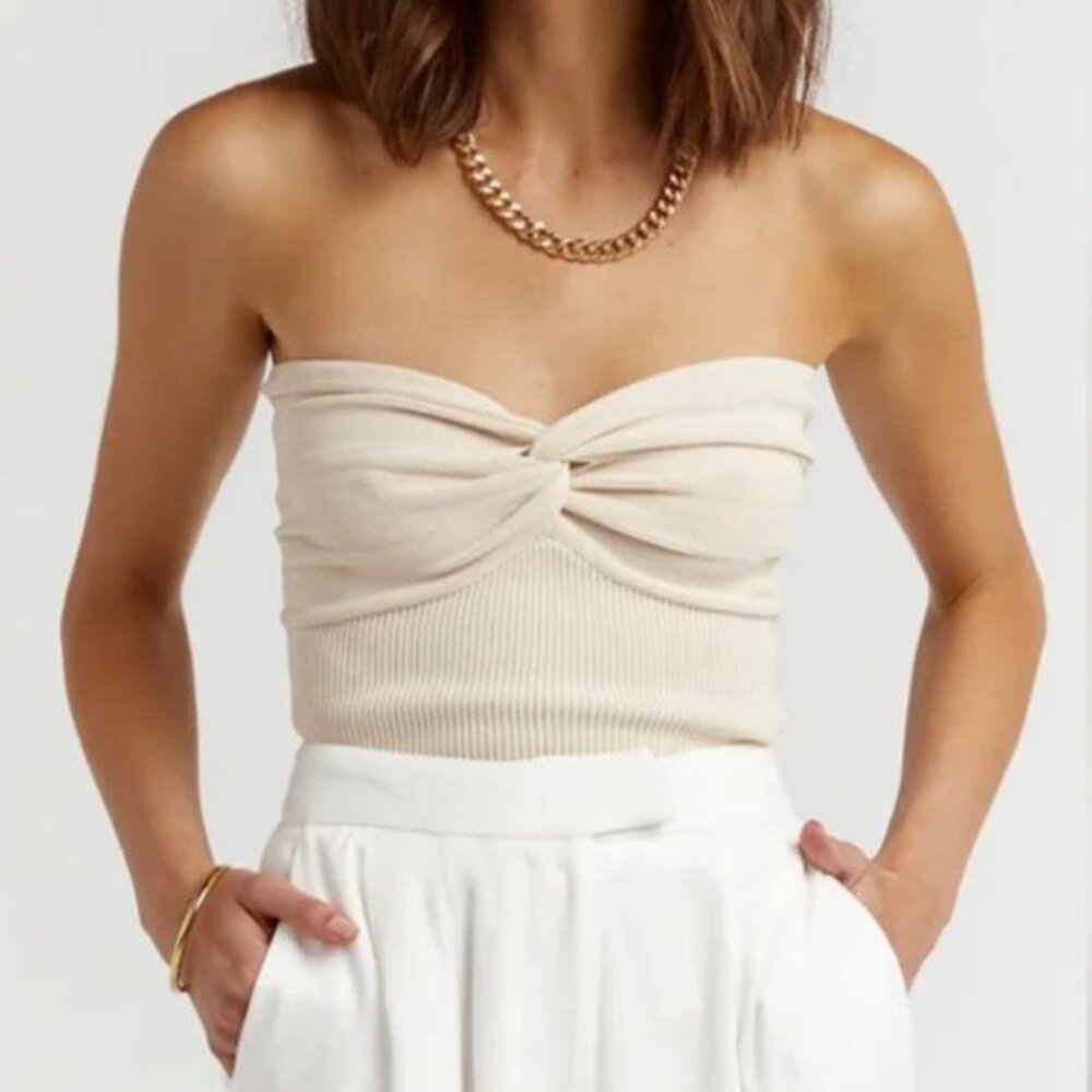Strapless Twist Front Ribbed Tube Top - Cream